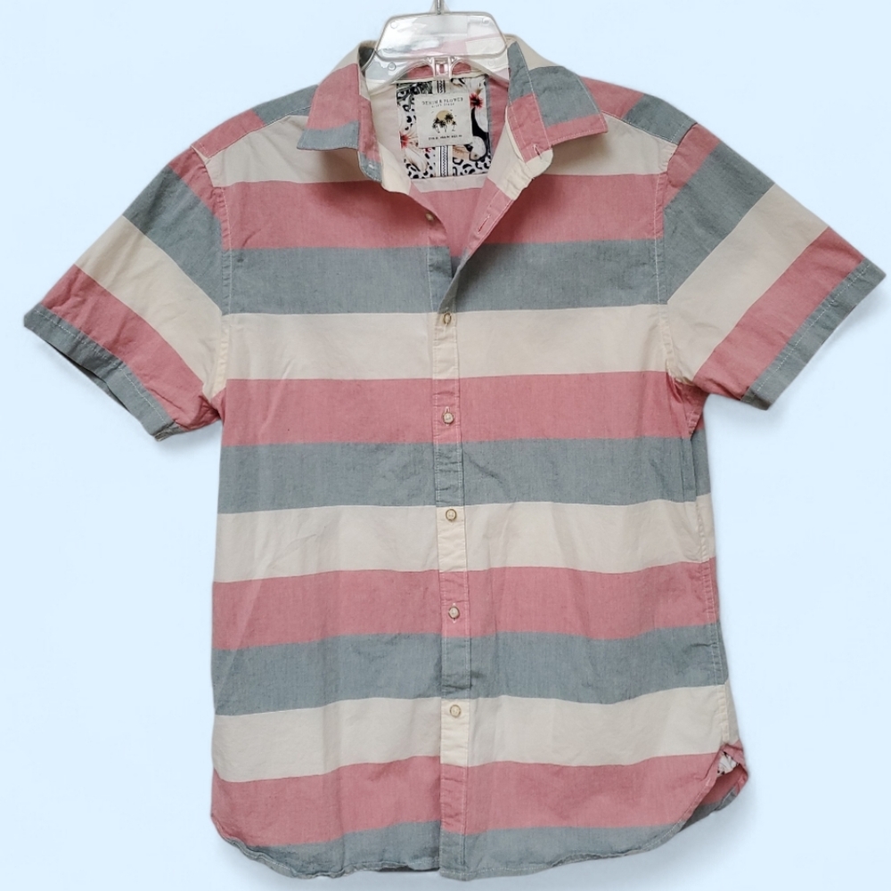 Denim & Flower Ricky Singh Casual Striped Shirt - Pink, Light Blue and Cream